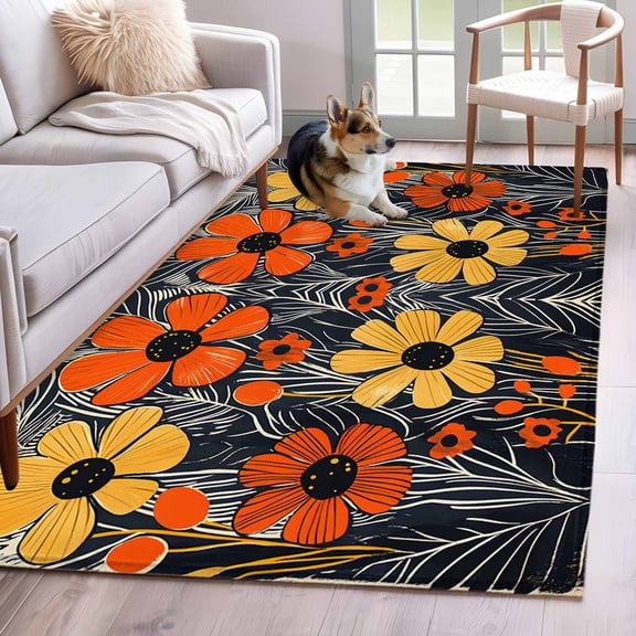 Orange Yellow Floral Area Rug 3x5 Washable Rug Non Slip Botanical Summer Tropical Black Large Area Rug Indoor Floor Carpet for Entryway Bedroom Kitchen Living Room Home Office Dining Room Nursery