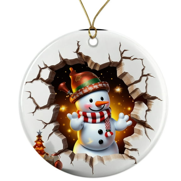Cute Jolly Snowman Ceramic Ornament - Breakthrough 3D Effect Burst Illusion Kids Ornament - 3 Inch Christmas Tree Round Ornament - Xmas Holiday Decor - String Included - ORNW0079