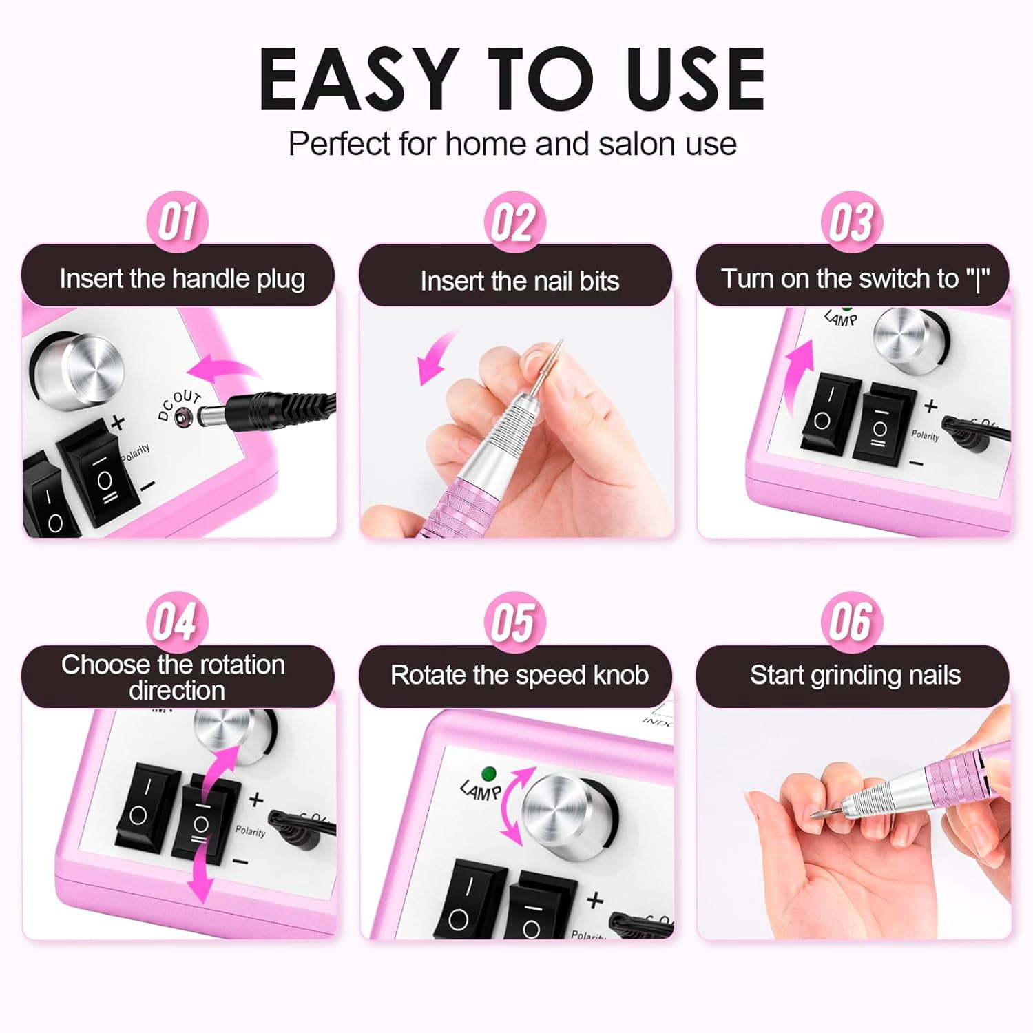 Professional Electric Nail Drill Kit, 30000 RPM Manicure Pedicure Machine with 6 Bits & 100 Sanding Bands, Pink