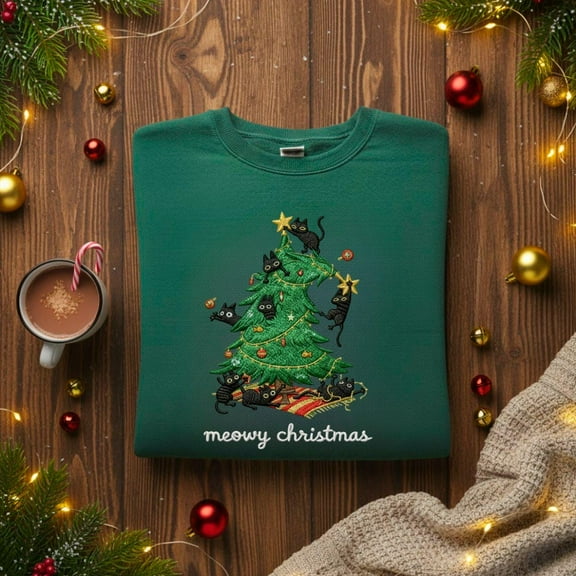 Meowy Christmas Black Cat Embroidered Sweatshirt, Cute Christmas Shirt, Cat Owner Christmas Gift, Cat Lover Xmas Shirt, Christmas Tree Shirt