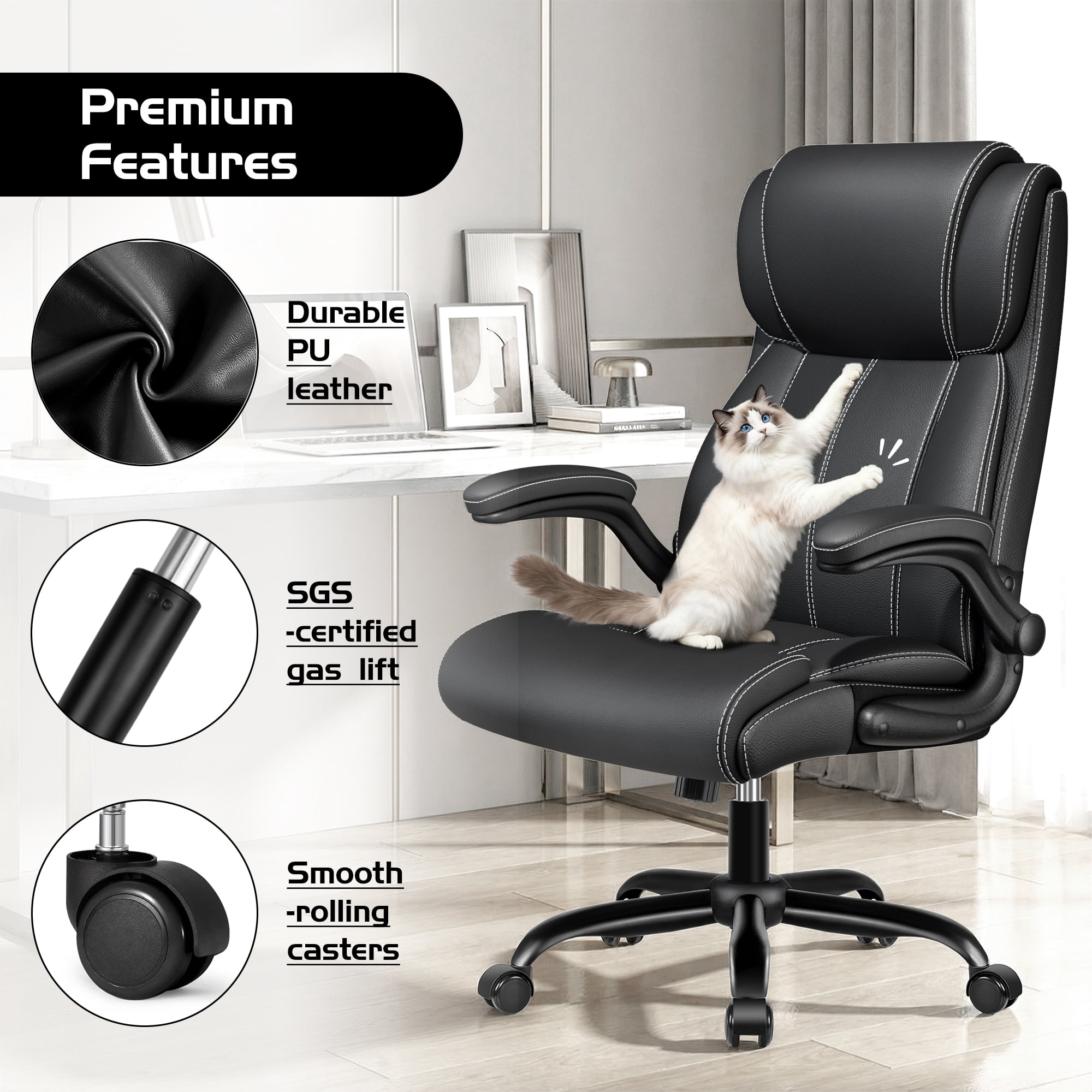COOLHUT Big and Tall Office Chair 350LBS, Comfy Heavy Duty Executive Desk Chair with Adjustable Lumbar Support, Higth Back Computer Home Office Chair with Padded Flip -up Arms, Black