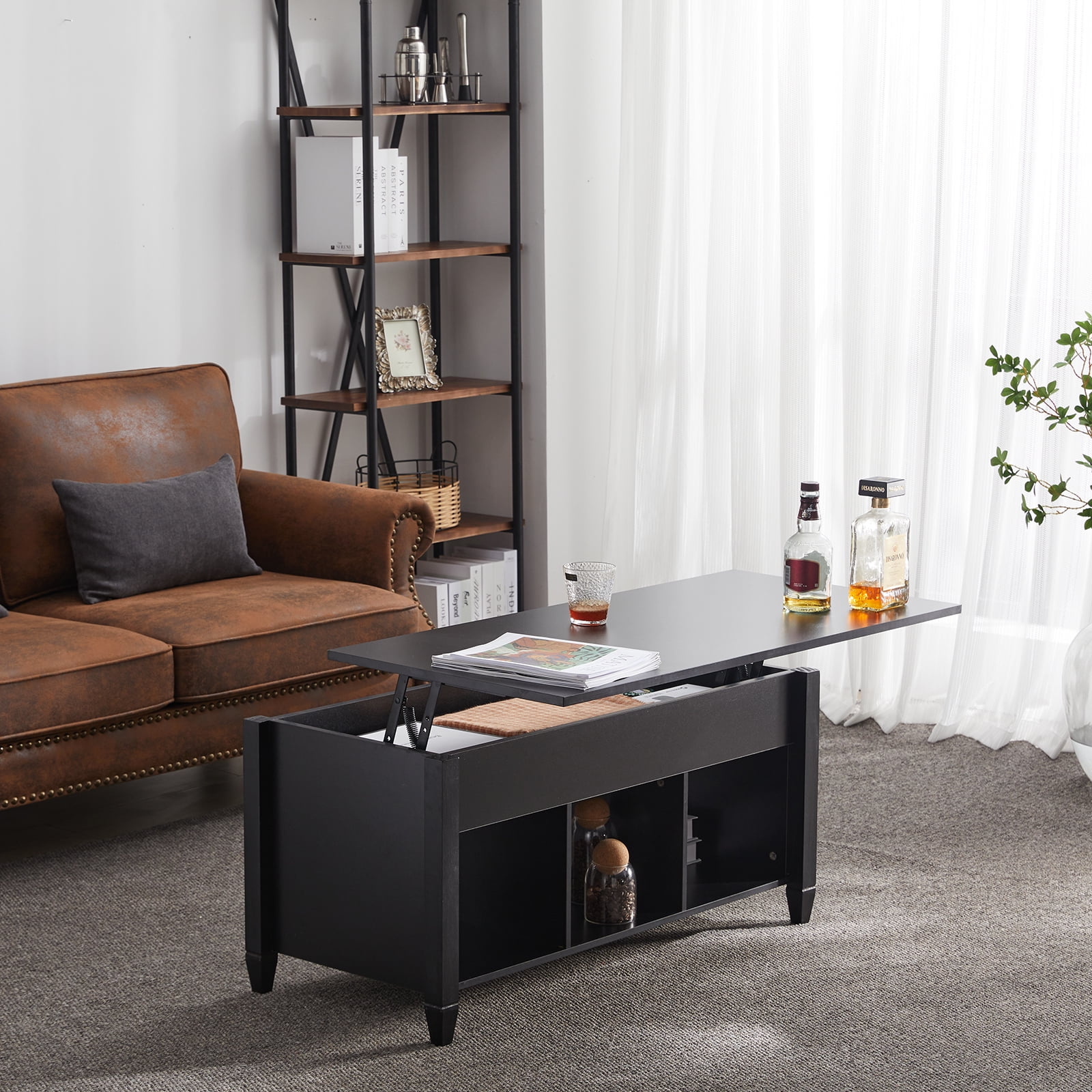 Kadyn Lift Top Coffee Table (with 3 Storage Rooms), Pop-up Coffee Table for Living Room, Wooden Lifting Top Central Coffee Table, Black Kadyn Lift Top Coffee Table (with 3 Storage Rooms), Pop-up Coffee Table for Living Room, Wooden Lifting Top Central Coffee Table, Black
