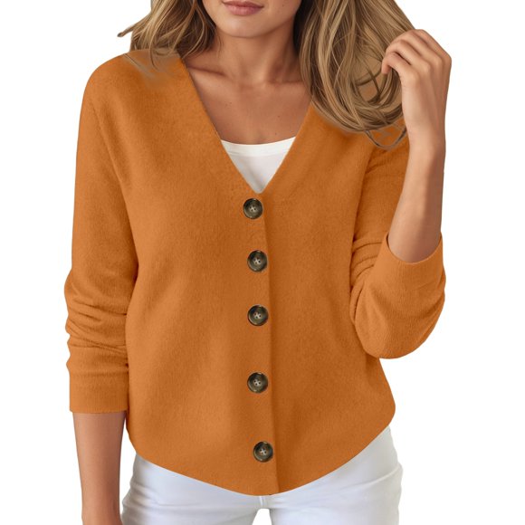 WEIYLL Womens Fall Tops Cardigan Button Down Sweater Comfortable Commute Solid Color Gold Fall Tops Casual ,XL