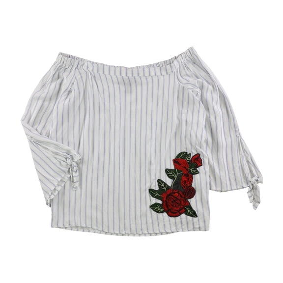 polly & esther Womens Rose Patch Off the Shoulder Blouse, White, X-Large