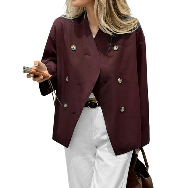 Gabardina Corta para Mujer, Abrigo Holgado de Larga con Solapa y Doble Botonadura, Ropa de Abrigo de Moda Vino Tinto M