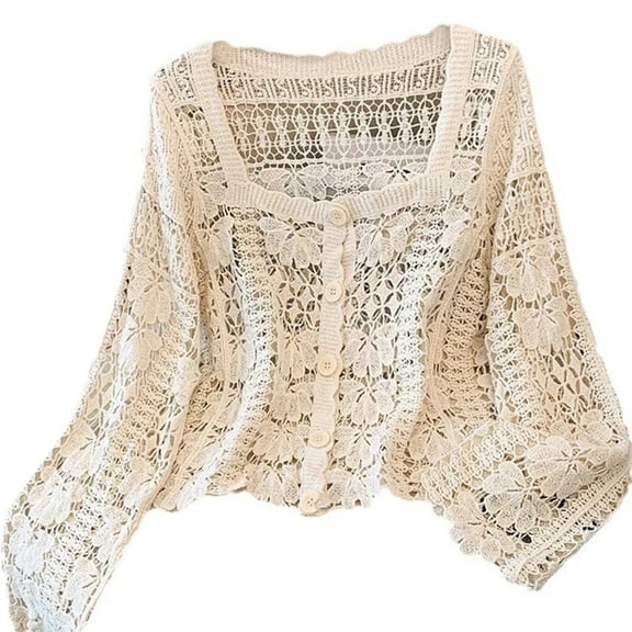 Yokua Hollowed Knit Lace Cover Up Jackets Crochet Floral Sweater Cardigan for Womens