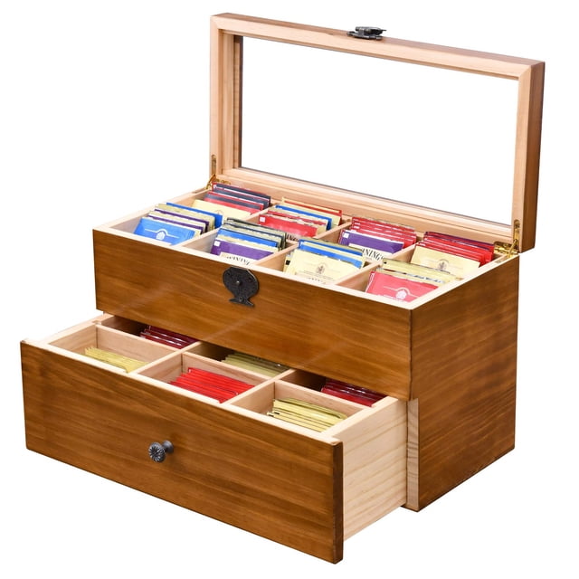 Caja organizadora de té WELLAND, 2 capas y 14 compartimentos, madera de pino