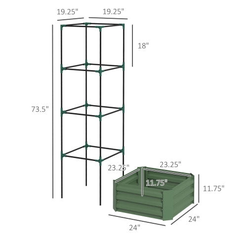 Auto Beyond Galvanized Raised Garden Bed, 24" x 24" x 11.75" Outdoor Planter Box with Trellis Tomato Cage and Open Bottom for Climbing Vines, Vegetables