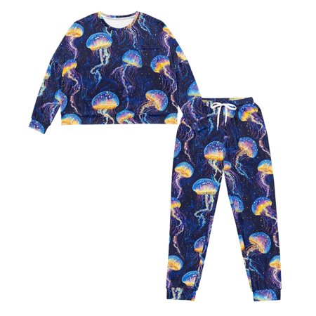 HELLHERO Drawstring Pajamas for Women Jellyfish Printed Sleepwear Crewneck Loungewear Long Sleeve Shirt and Pajama Pants Lounge Sets M