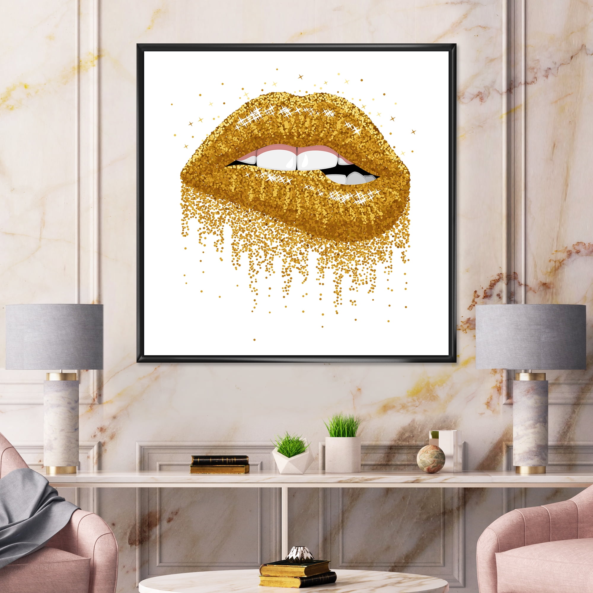 Designart 'Girl Lips With Glitter Gold Sparkles' Modern Framed Canvas Wall Art Print