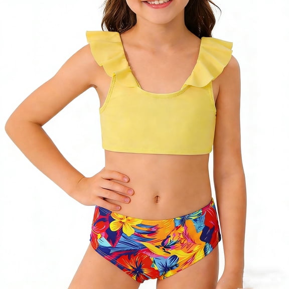 CYRBOKO Girls Swimsuit Sets, Quick-dry Summer Printed Two Pieces Bikini Tops and Brifes Yellow Size 6-7 T
