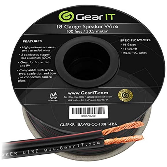 18 AWG Fil de Haut-Parleur 18AWG, GearIT Pro Series Câble de Haut-Parleur (100 Pieds / 30,48 Mètres) Idéal pour Haut-Parleurs de Cinéma Maison et de Voiture Noir