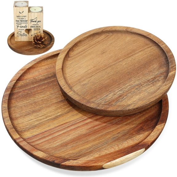Set of 2 Rustic Acacia Wood Round Serving Trays, Decorative Wooden Trays for Coffee Table, Centerpiece, Candle, Ottoman, Home Decor (6in & 8in)