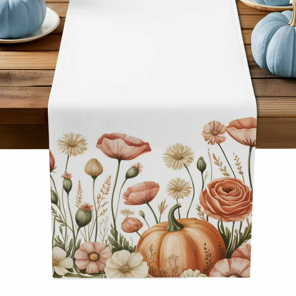 ERUNPONLY Pink Orange Pumpkin Fall Table Runner - 90 Inch Long Flower Thanksgiving Botanical Cotton and Linen Blended Dress Scarves Farmhouse Table Runner for Kitchen Dining, Coffee Table, 13" x 90"