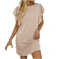 thumbnail image 2 of UPPADA Robes d'Été pour Femmes Grande Taille à Manches Courtes Col Ras du Cou Robe T-Shirt Chic Décontractée à Volants Fluide de Plage Robes Soleil Boho Smockée Évasée Fluide Midi Robe Soleil Beige,G, 2 of 6