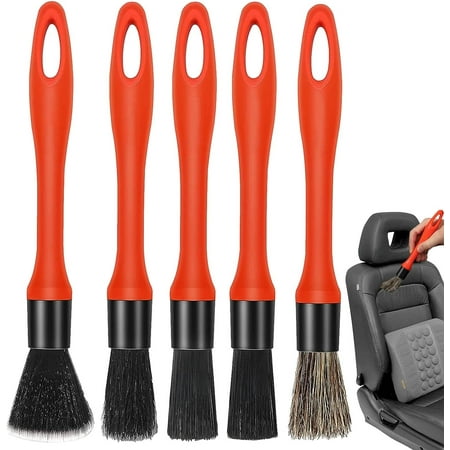 Automotive Detailing Brushes, 5 Pieces Natural Boar Hair Car Brush, Tire Brush Tool Set with Plaastic Handle, Interior Exterior Car Care Detailing Set, Automotive Detail Brush for Cleaning Interior