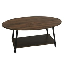 Household Essentials Jamestown Oval Coffee Table with Storage Shelf Mid Century Walnut Wood Grain and Black Metal