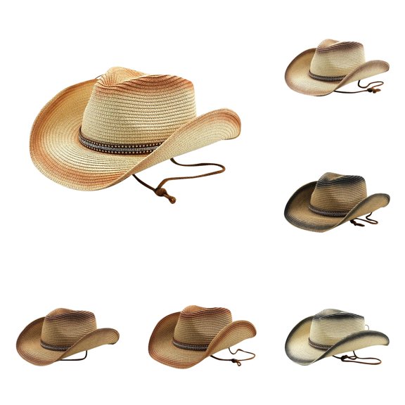 XIAOCHA Mens Gradient‑Weave Rivet‑Trim Cowboy Hat Chin‑Strap Western Hats Horse‑Riding Travel Straw Cowboy Hat,Orange