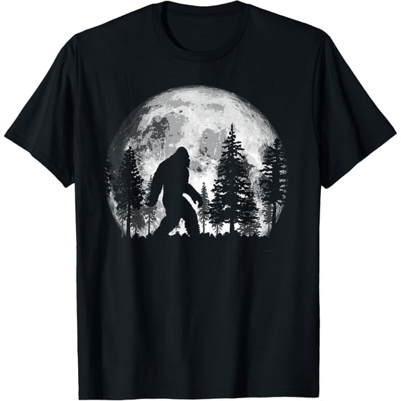 Bigfoot in the Forest Hiding at Night Full Moon Trees Nature T-Shirt men and women can wear, black, white, gifts