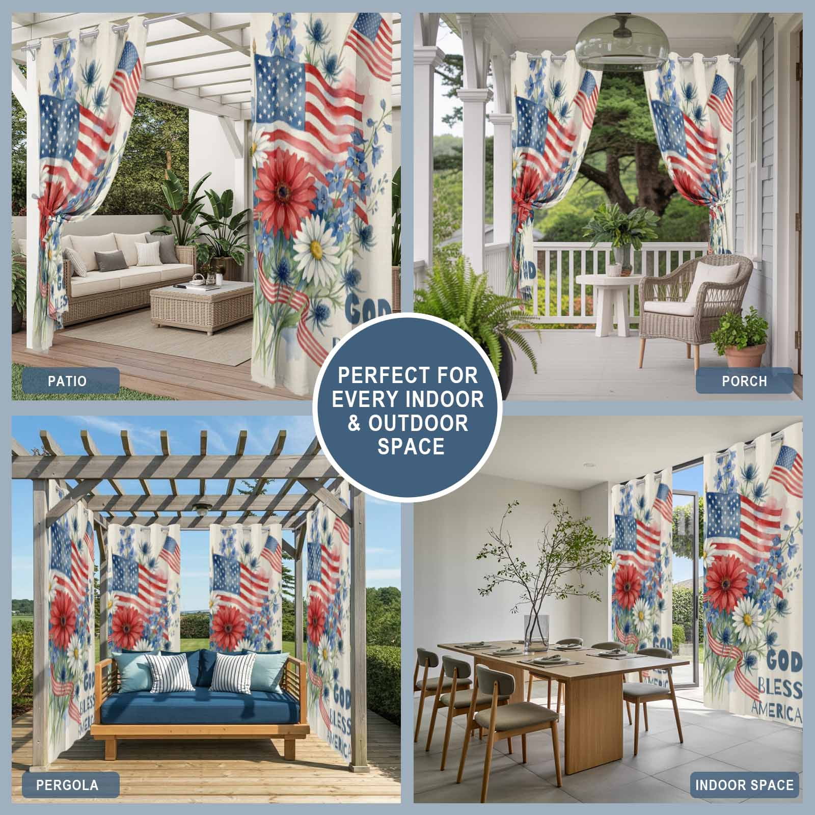 Independence Day Outdoor Curtains for Patio, Vintage American Flag Watercolor Red White Daisy God Bless Sunshade Privacy Drapes Grommet Waterproof Outside Curtains for Porch Balcony 54"x108", 1 Panel