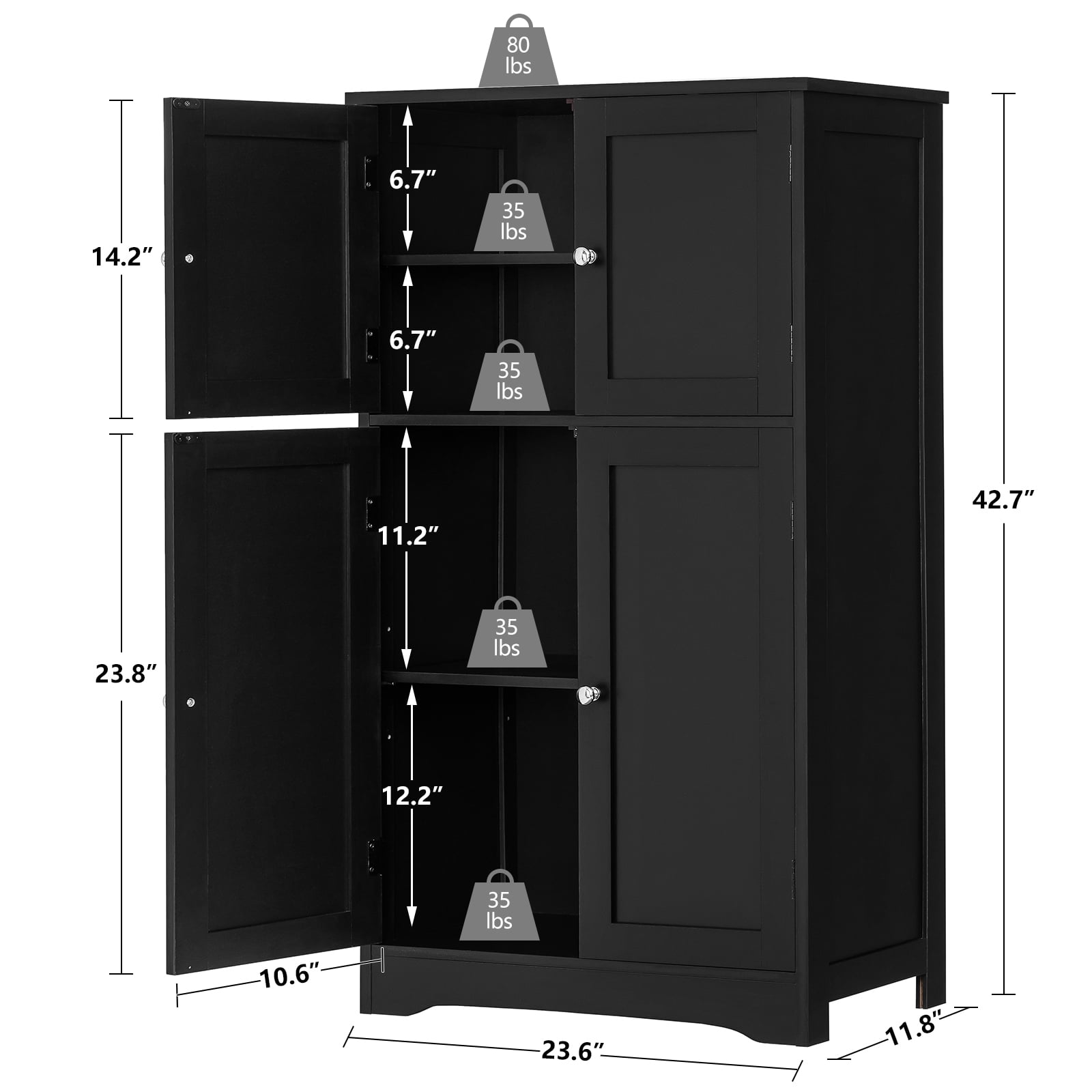TEENFON Black Storage Cabinet with 2 Adjustable Shelves & 4 Doors, Freestanding Bathroom Storage Cabinet, Cupboard, Floor Cabinets for Living Room, Entryway, Home Office