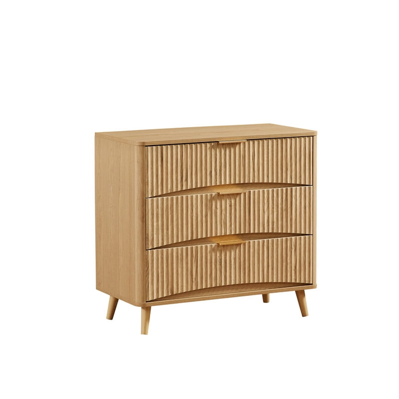 Fluted 3 Drawer Nightstand with Metal Handles,Wood Dresser Chest,Storage Cabinet for Bedroom, Living Room,Oak