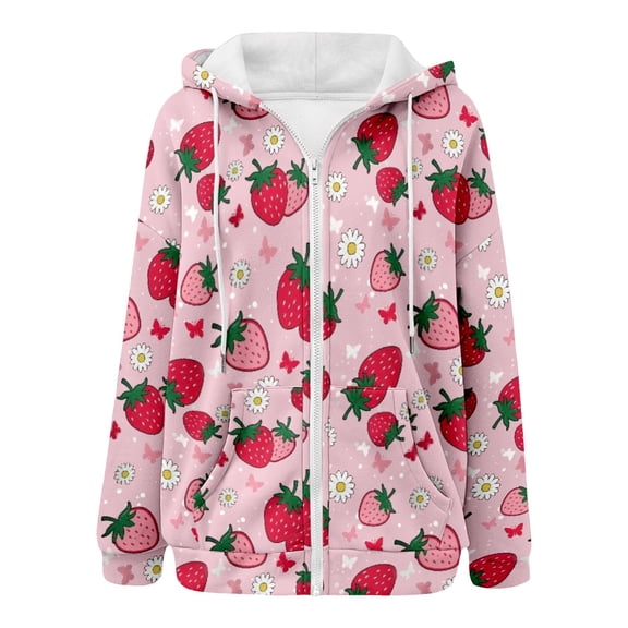 Wxolcjlv Women's Strawberry Floral All Over Print Full Zip Hoodie Cute Everyday Outerwear
