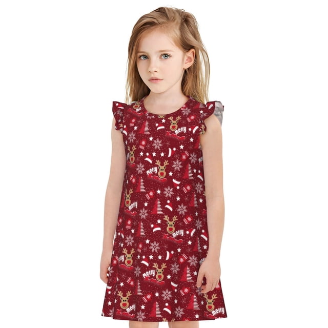 Vsdgher Robe de Nuit Festive Renne pour Filles Manches Courtes à Volants Robe de Nuit Pyjama pour Fête-Petit