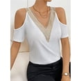 thumbnail image 5 of ClodeEU Women's V Neck Cold Shoulder Short Sleeve Top with Contrast Trim, Casual Solid Color Blouse White,Women's Plus XXL, 5 of 7