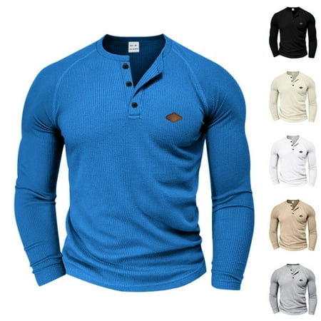 YOIAVAIOY Men Henley Shirts Long Sleeve Muscle Fit Raglan 3 Button Golf Shirts Lightweight Stretch Sports Pullover Tops Blue M