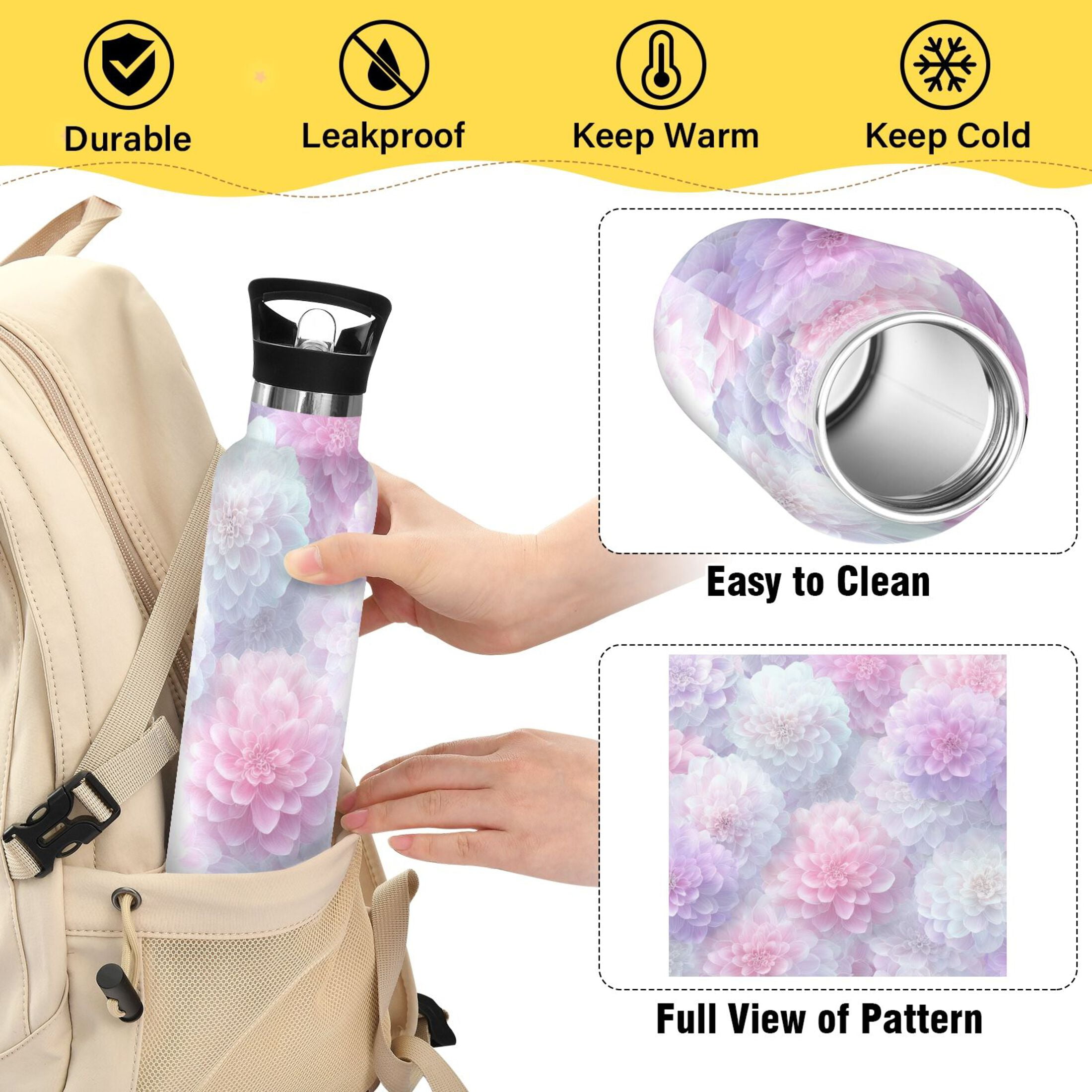 Kids Insulated Stainless Steel Sports Water Bottle 600ml (20oz) Cute Pastel Watercolor Floral