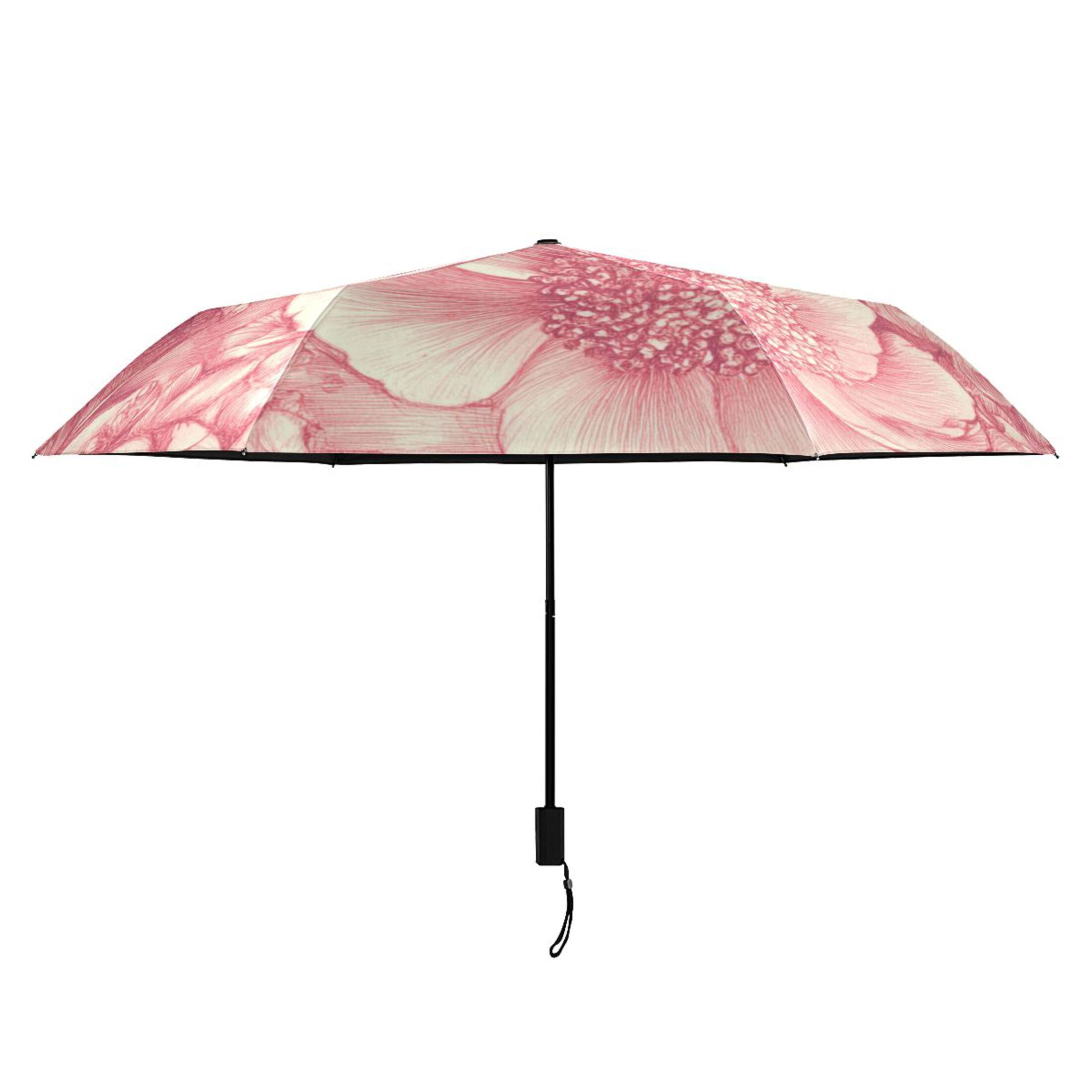 Pink Peonies Elegant All Weather Umbrella Triple Folding Parasol 6 Ribs UV Protection Portable