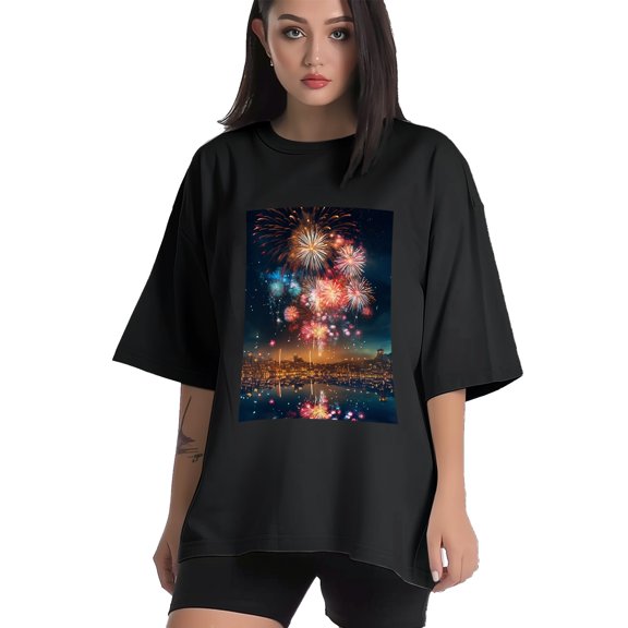 Plus Size Shirt for Women Black Tops for Women Short Sleeves Shirt for Women Fireworks Sky T Shirt Crewneck Shirt for Women XS