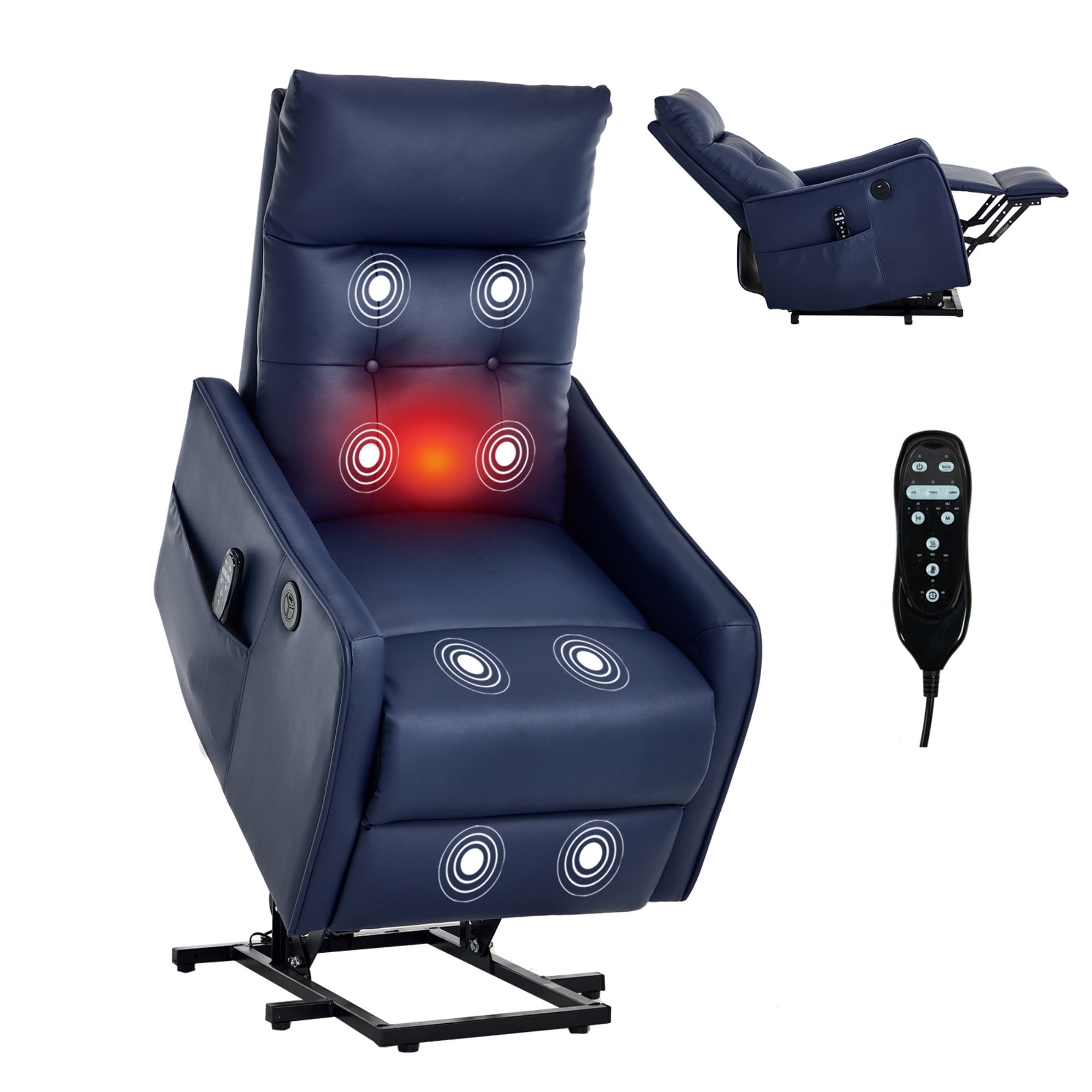 Aukfa Leather Power Lift Recliner Chair for Elderly, Single Motor Electric Chair with Massage, Heat & USB Charging Port, Blue