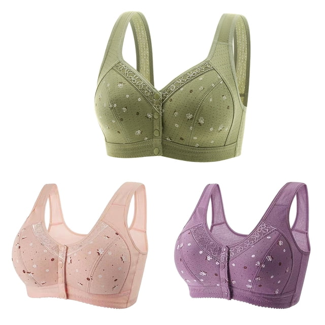 Timegard 3pc Plus Size Bras for Women Front Closure Button Full Support Bralette Comfort Seniors Bras