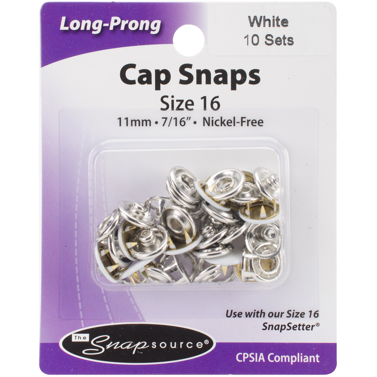Capped LongProng Snaps Size 16 10/PkgWhite