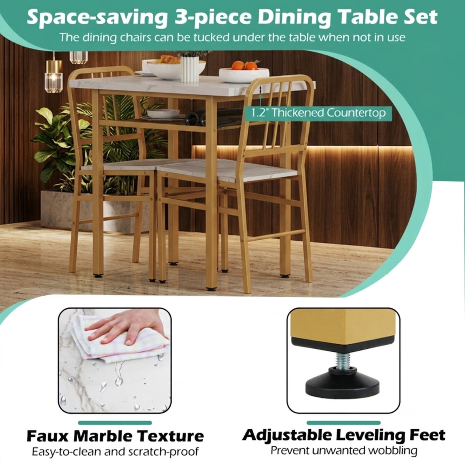 Furnibear 3-Piece Dining Table Set with Rectangular Kitchen Table and 2 Chairs for Kitchen Dining Room Breakfast Nook Home, White