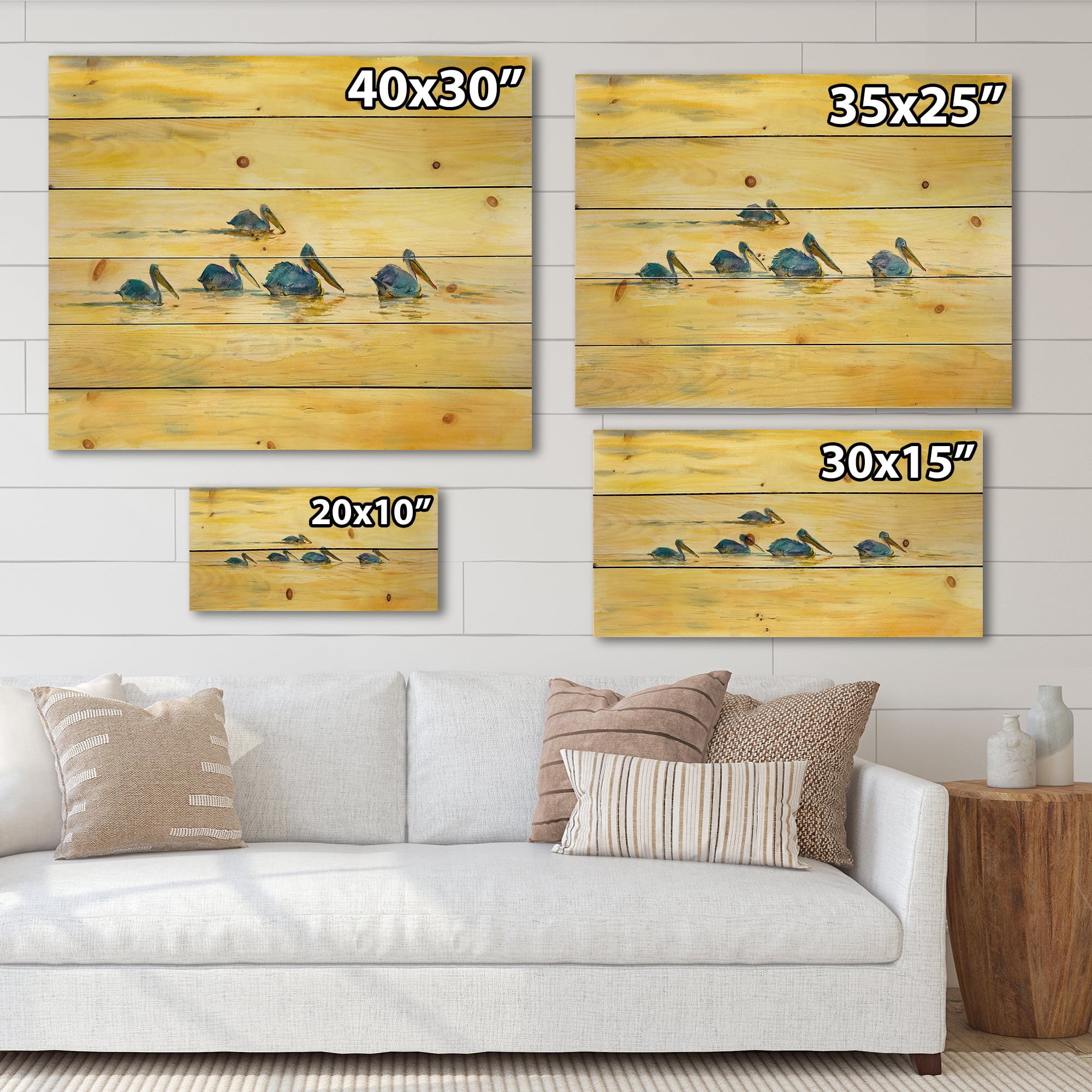 Designart 'Pelicans Birds On The Yellow River' Farmhouse Print on Natural Pine Wood
