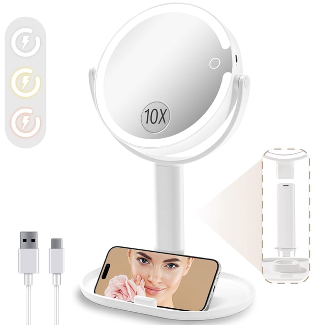 Espejo de maquillaje vpu Vanity con aumento de 10 x 1 x 1 x, con luces y soporte