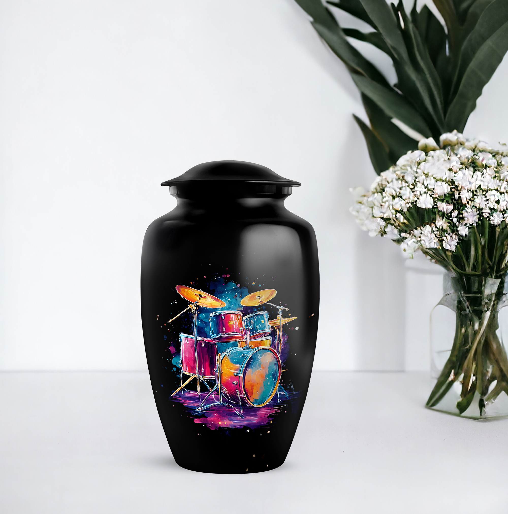 Neon Drummer Memorial Urns Set, Funeral Urn For Human Ashes Adult Female, Small Urn For Human Ash Keepsake, Musical Cremation Urns For Ashes Adult Male, (Size 10 Inch 1 Pcs & Size 3 Inch, 2 Pcs)