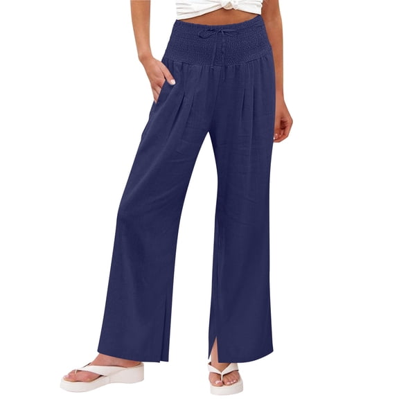 Hurxie Women Wide Leg Pants Flowy Palazzo Drawstring Elastic Waist Trousers with Pockets Summer Beach Vacation Clothes Navy,2XL