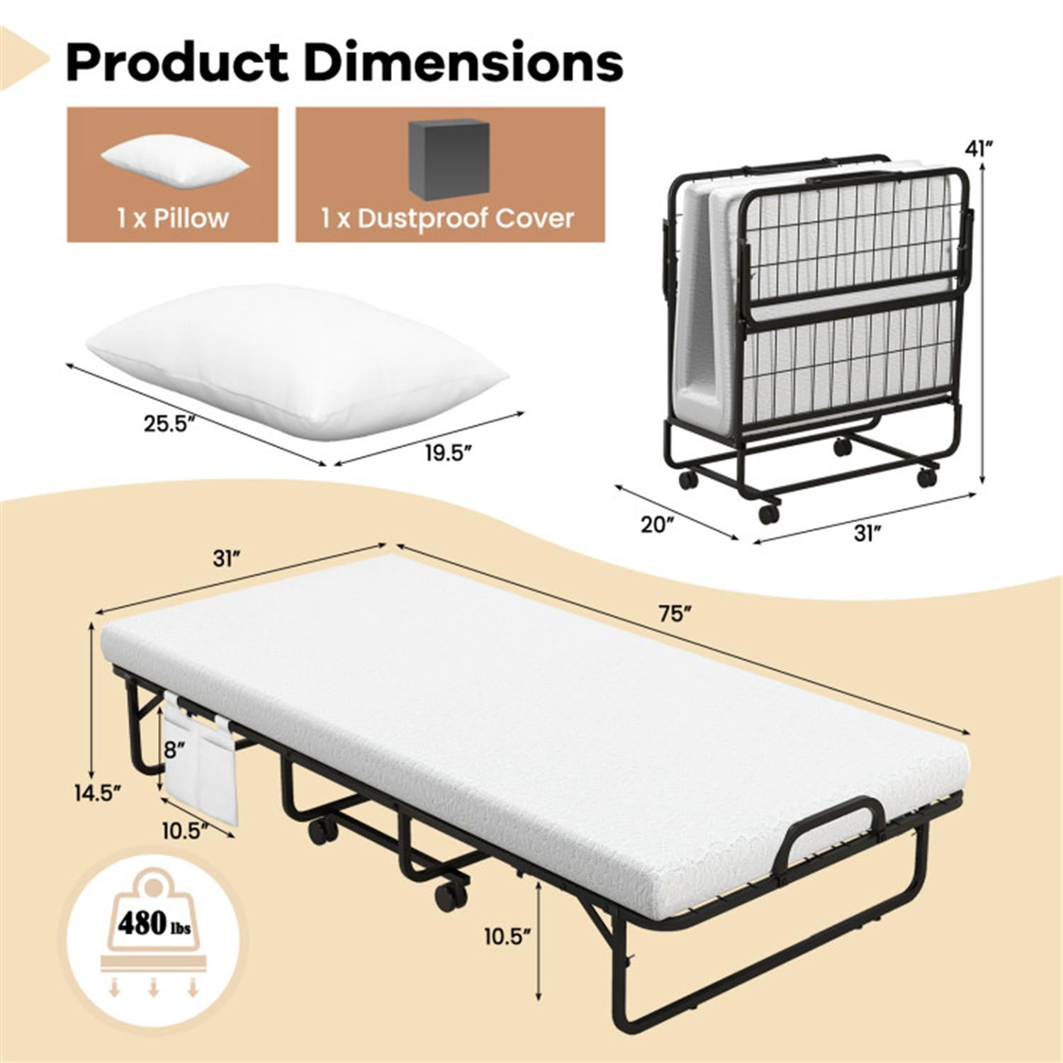 Demi Bonn Cot Size Folding Bed with Memory Foam Mattress and Pillow, Portable Foldable Bed for Living Room, Bedroom and Guest Room, White
