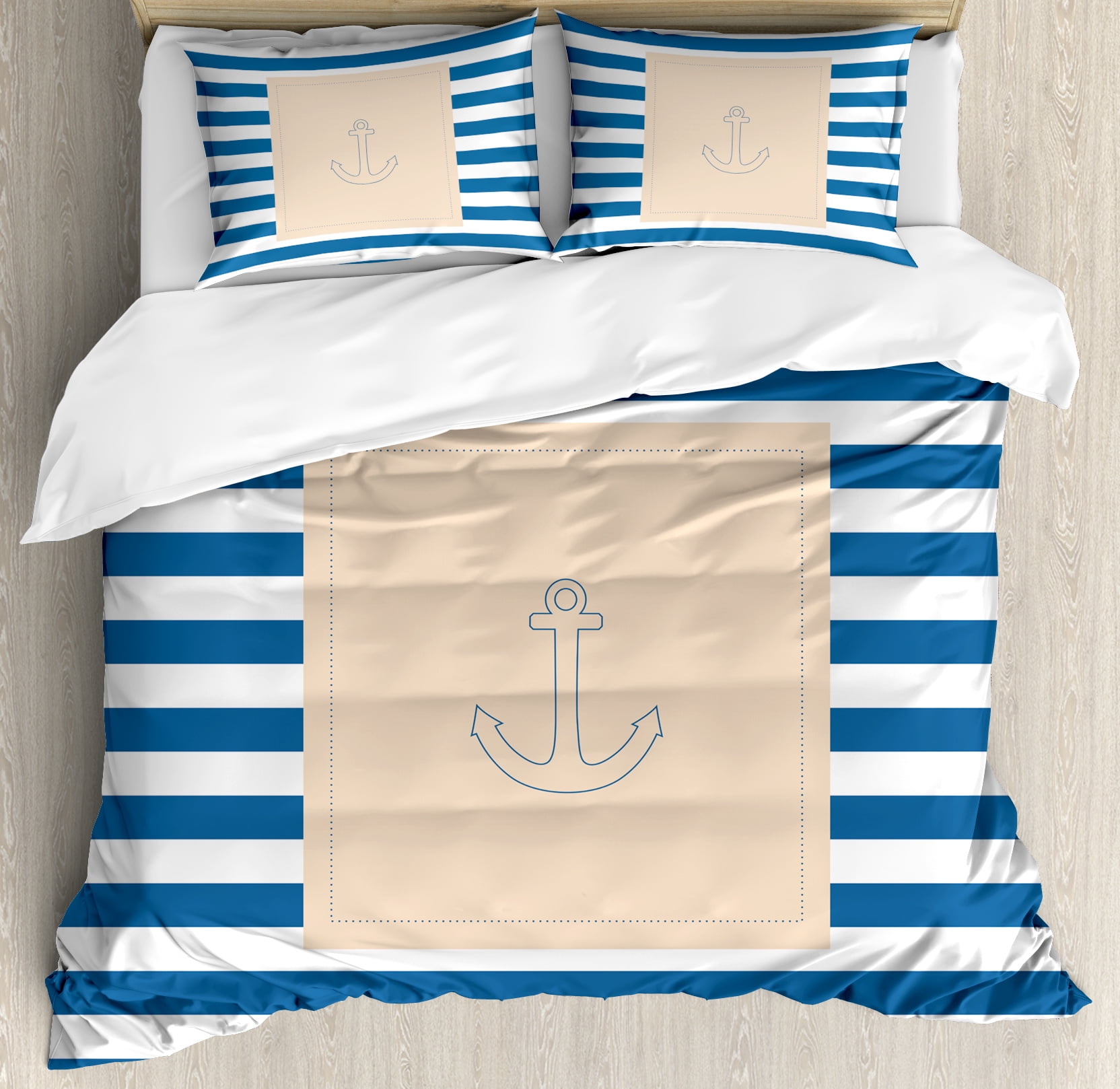 Harbour Stripe Queen Size Duvet Cover Set, Maritime Anchor Figure over