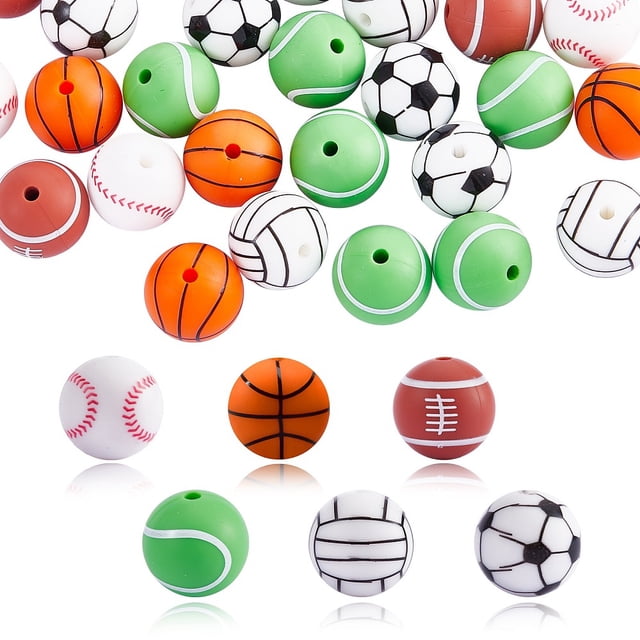 12Pcs 6 Style Basketball/Soccer/Tennis/Baseball/Rugby/Volleyball Silicone Beads DIY Nursing Necklaces and Bracelets Making Chewing Pendants For Teethers Mixed Color 15mm Hole: 2mm