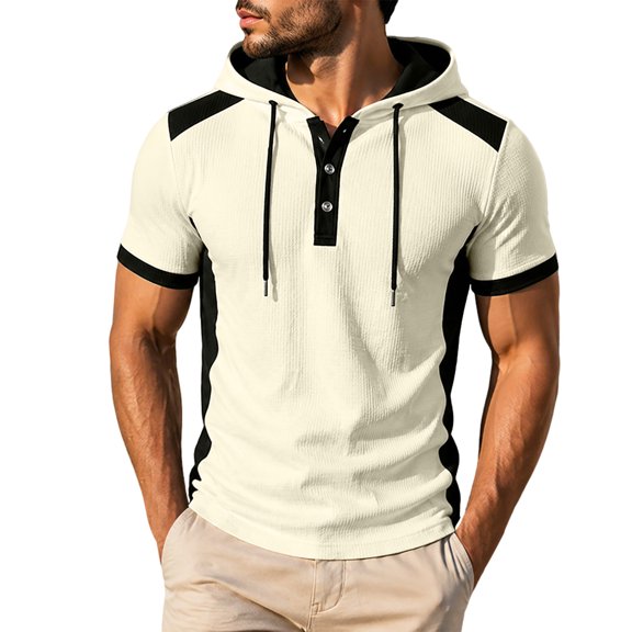 Qiyinn Men's Short Sleeve Hooded Henley Shirt,Casual Color Block Pullover Hoodie Breathable Summer Tops for Outdoor Beach