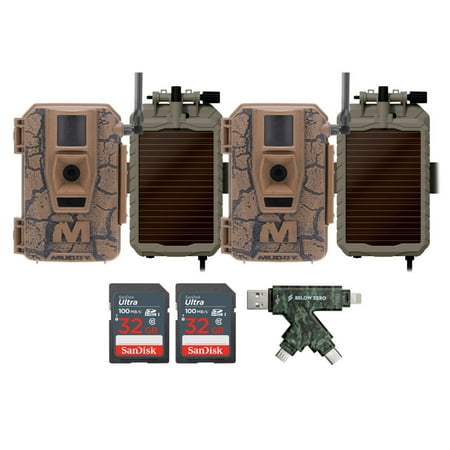 Muddy Mitigator Cellular 24MP Imaging Trail Camera with 80 Feet Detection and Flash Range (2-Pack) Bundle with Solar Power Panel (2-Pack) 32GB Memory Card (2-Pack) and USB 2.0 Card Reader (7 Items)