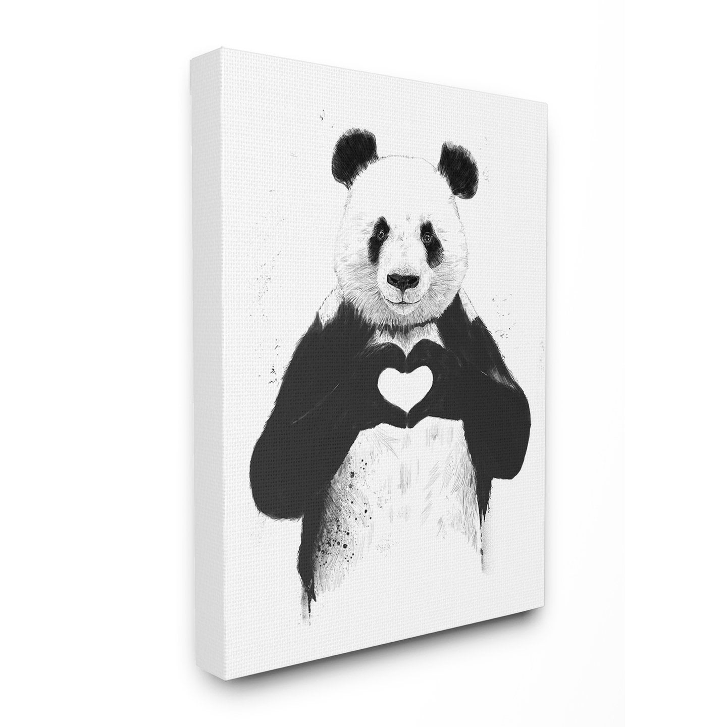 The Stupell Home Decor Collection Black and White Panda Bear Making a Heart Ink Illustration Stretched Canvas Wall Art, 16 x 20
