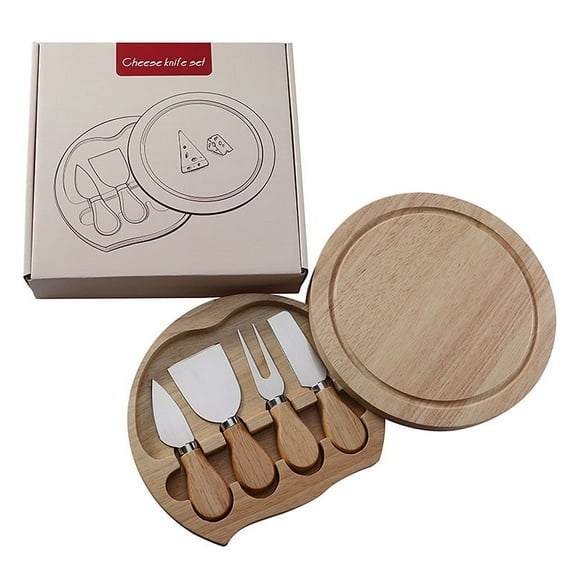 Cheese board set, round oak 5-piece set, cheese knife shovel set, stainless steel cheese tool set