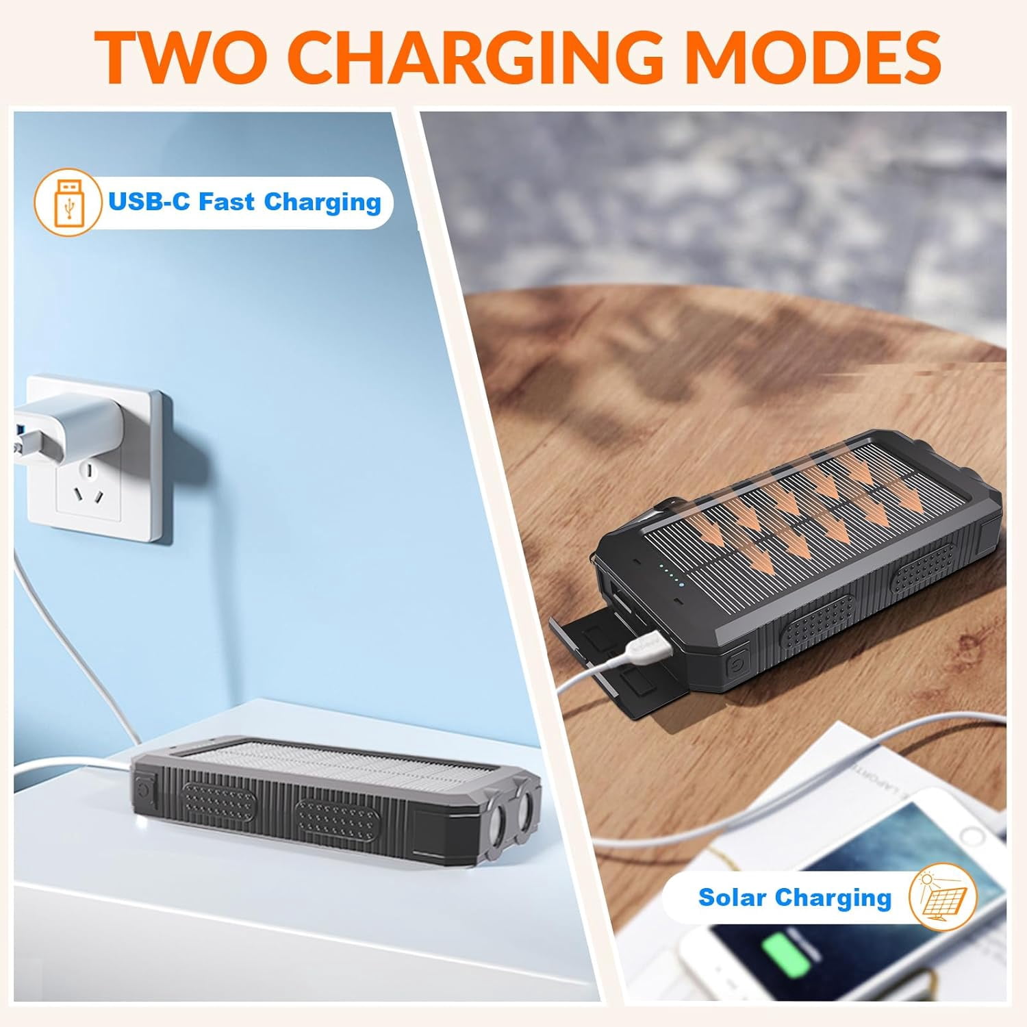 Solar Charger 20,000mAh, Portable Power Bank, 4 Cables Outdoor Waterproof External Backup Phone Charger with USB-C for Cell Phones, Solar Battery Pack with Dual Flashlight for Camping