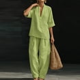thumbnail image 4 of Domzest Two Piece Linen Sets for Women Short Sleeve V Neck Tunic Top Matching Wide Leg Pants Casual Loose Outfits With Side Pockets Green 2XL, 4 of 6